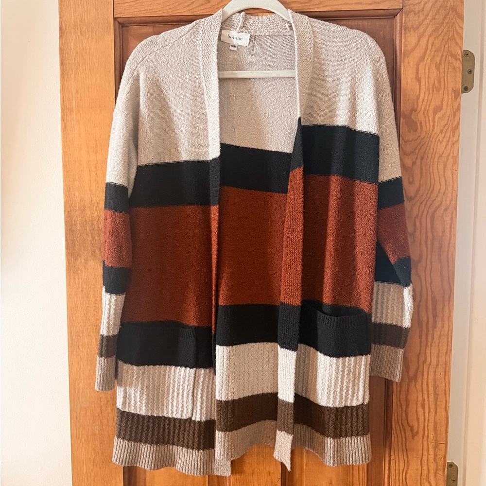 Bohme Striped Cardigan in Black, Brown, and Cream